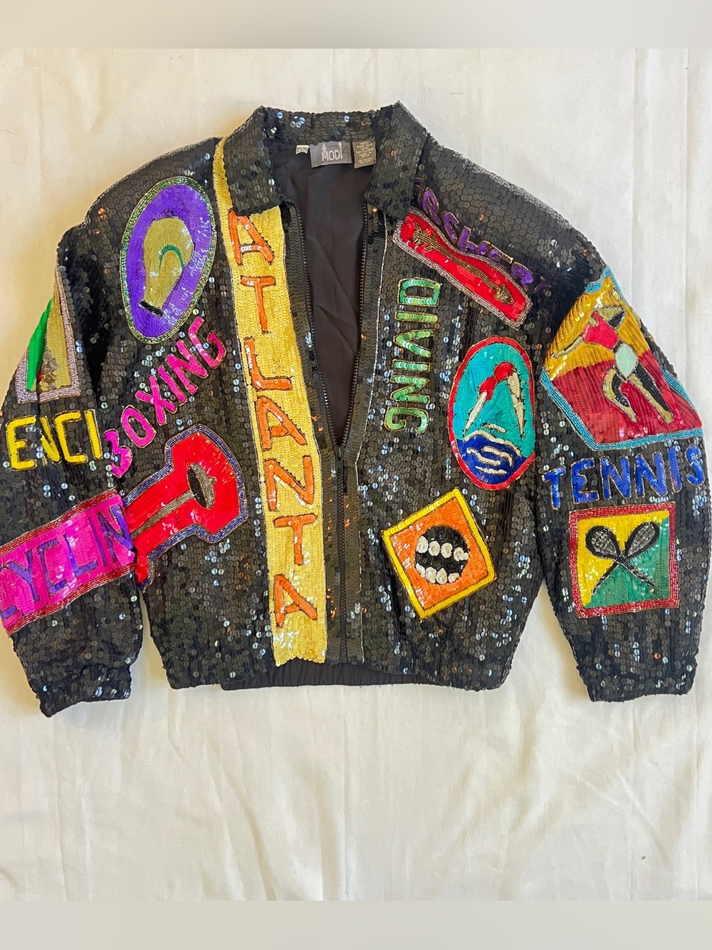 90s Beaded Bomber Jacket colorful sports theme statement jacket sequins